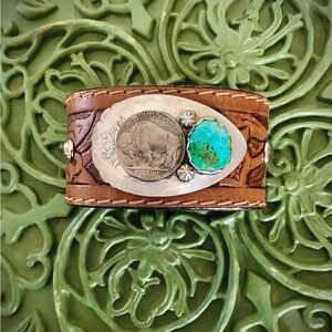 Turquoise/ leather cuf , up to 6 1/2” wrist